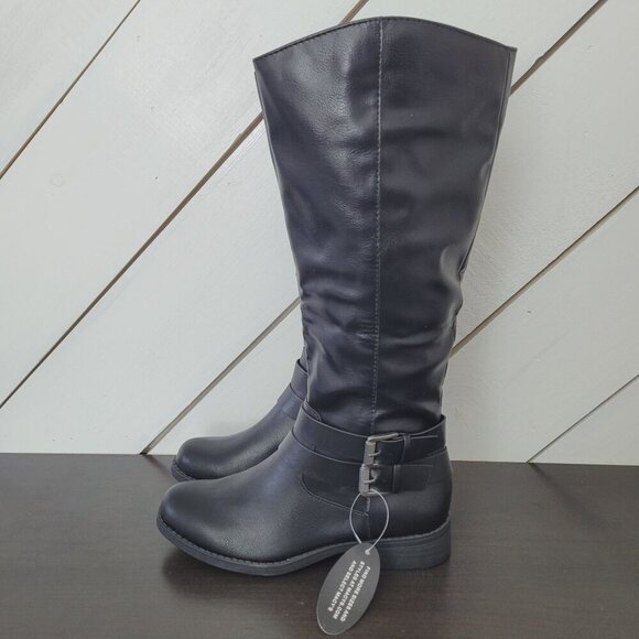 NWT Style & Co Black Knee-High Faux Leather Boots Women Straps & Side Zipper - Picture 2 of 9